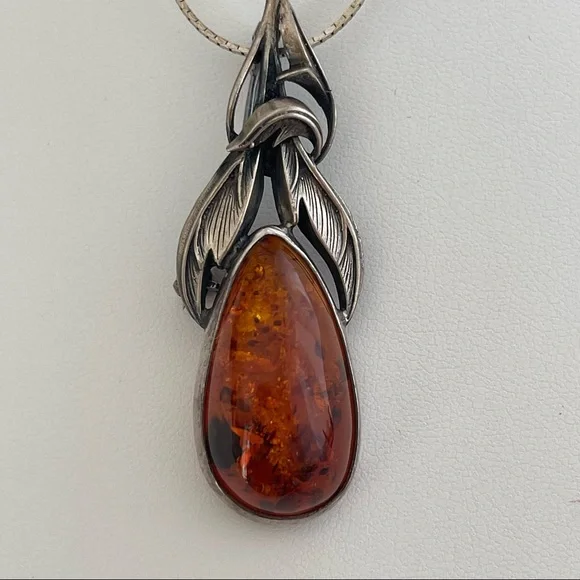 Vintage Sterling silver 925 Baltic Amber necklace pendant pin earrings brooch - Picture 7 of 16